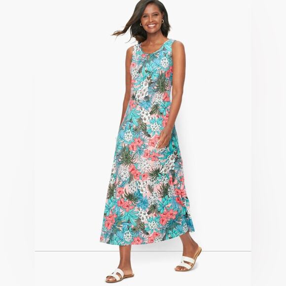 Talbots Floral Jungle Print Jersey Maxi Dress Modal Hibiscus Turquoise Coral XL - Picture 1 of 9
